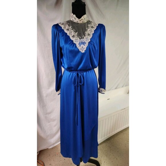 Vintage 1970s FARR WEST Royal Blue Nylon Dress Lace Victorian Neckline - Size M - Picture 1 of 8